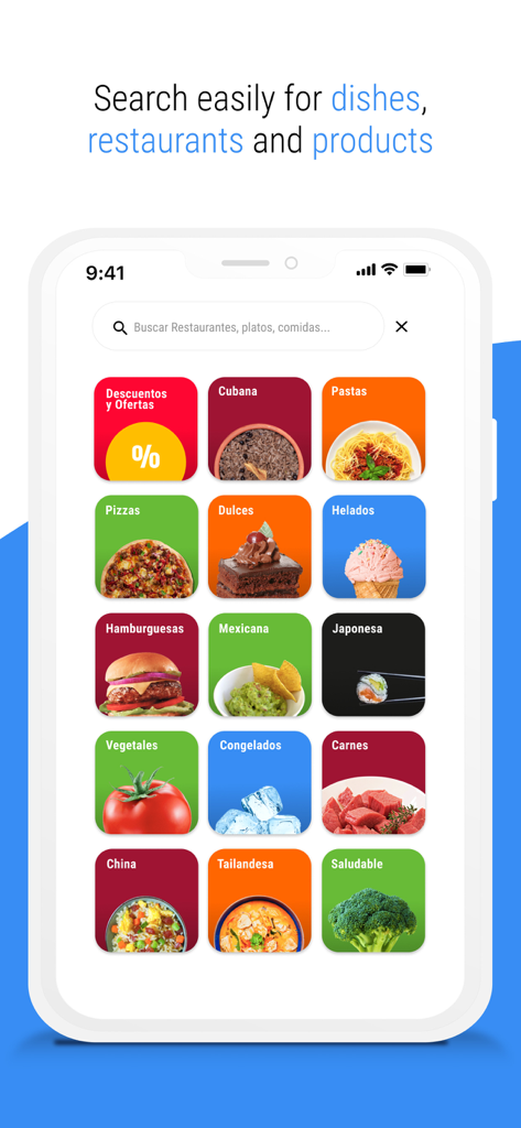 Mandao app search screen showing various food and grocery categories including Cuban food, desserts, and fresh produce.