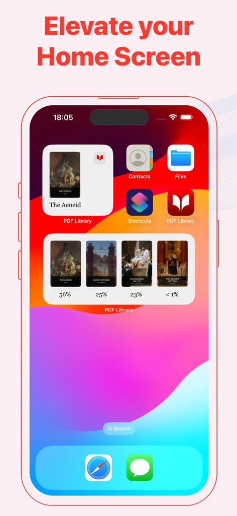 PDF Library app widgets on an iPhone home screen showing book covers and reading progress percentages.