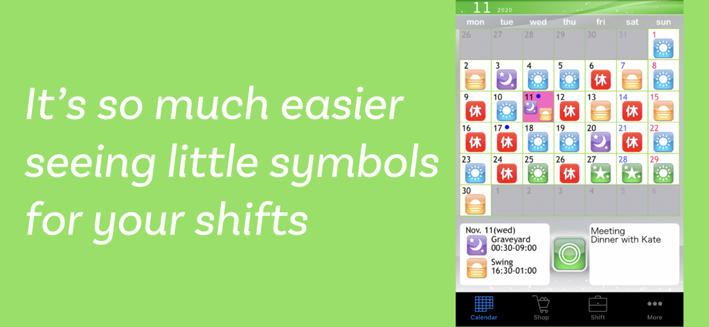 Shift Planning Calendar Pro - Capture d'écran d'une application mobile montrant un calendrier mensuel avec des icônes colorées pour les différents quarts de travail et les détails spécifiques d'un horaire de nuit.