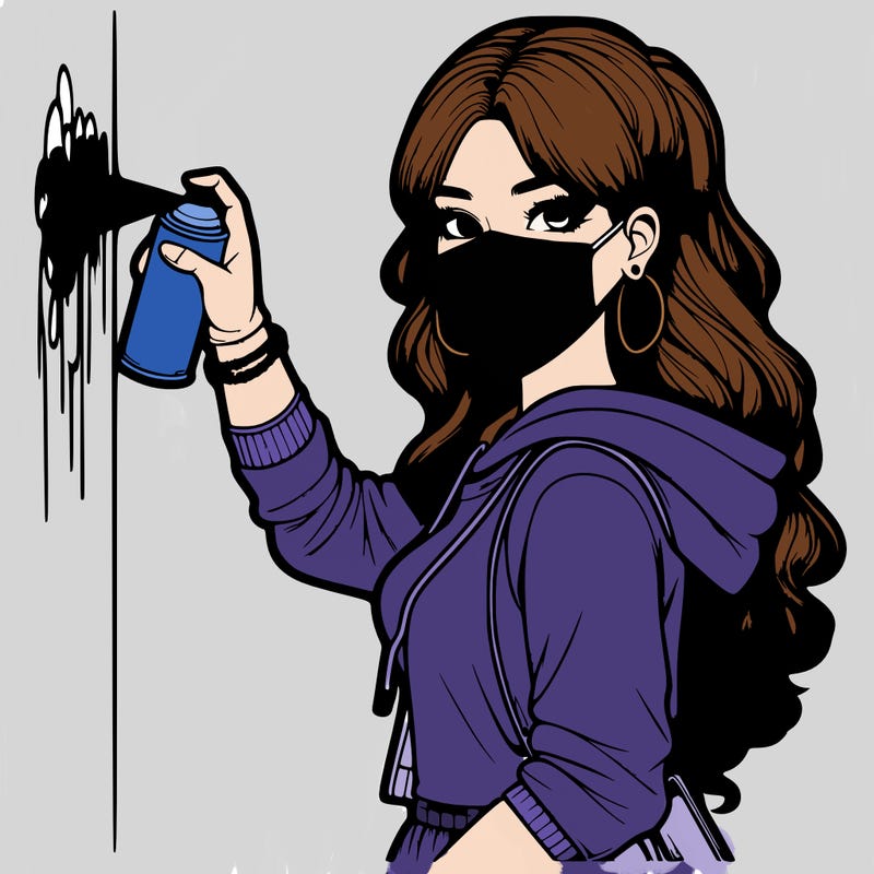 realistic girl with mask spray painting a wall