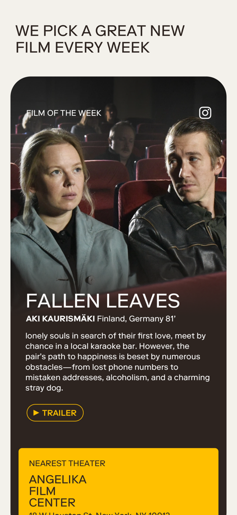 Interface do aplicativo MUBI GO exibindo o filme selecionado da semana 'Fallen Leaves' com informações do cinema local