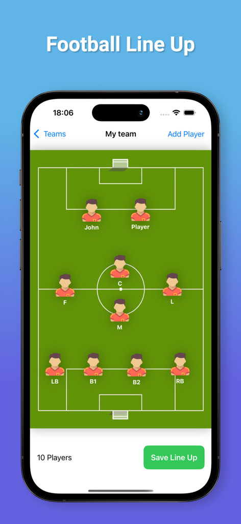 Uma tela de aplicativo móvel mostrando uma formação de equipe de futebol com jogadores atribuídos a posições em um campo verde.