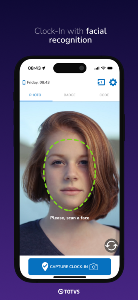 TOTVS RH Clock In - Interface de smartphone mostrando reconhecimento facial para registro de ponto com o aplicativo TOTVS RH Clock In.