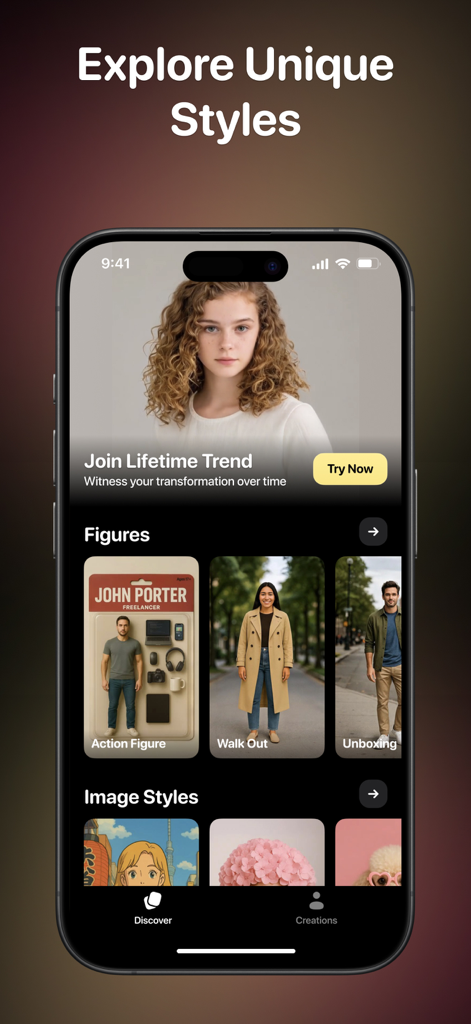 Interface of CloneAI app showing various AI video transformation styles and the Lifetime Trend feature