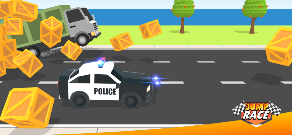 City Patrol: Rescue Vehicles - A police car driving on a road and jumping over wooden crates in a mini game
