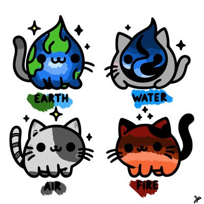 4 cats that represent the different elements, earth, water, air, and fire