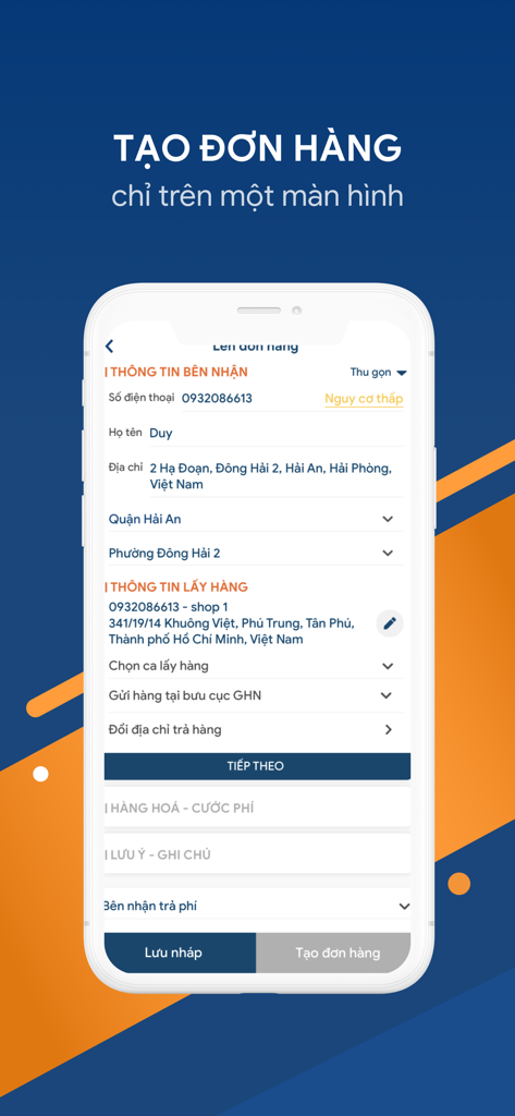 GHN mobile app screen showing the single page interface for creating a delivery order with recipient and pickup information