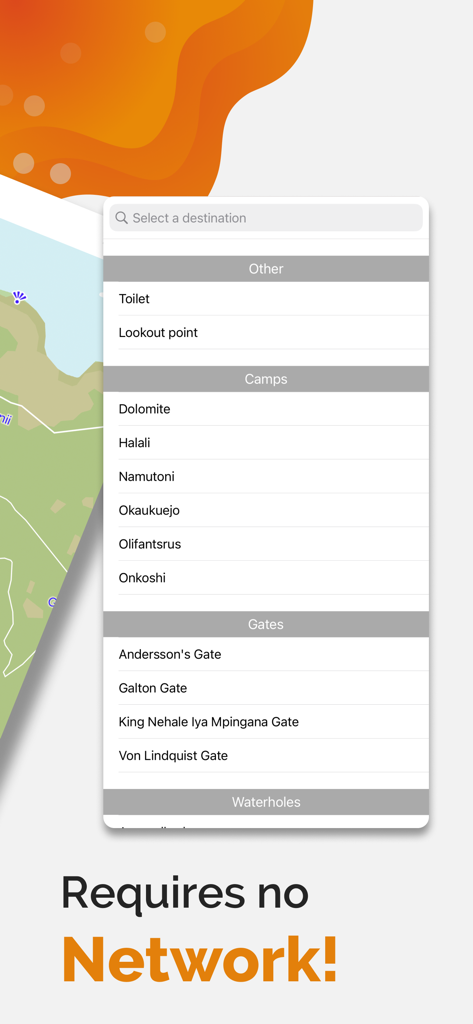 Etosha App - Namibia - エトーシャ国立公園のオフラインナビゲーションメニューと目的地選択