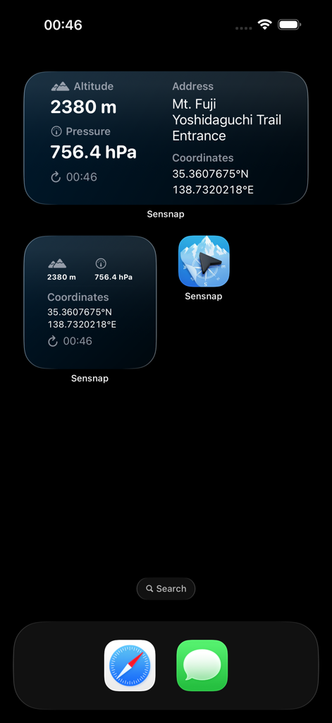 Sensnap iPhone widgets displaying live altitude barometric pressure and GPS location data
