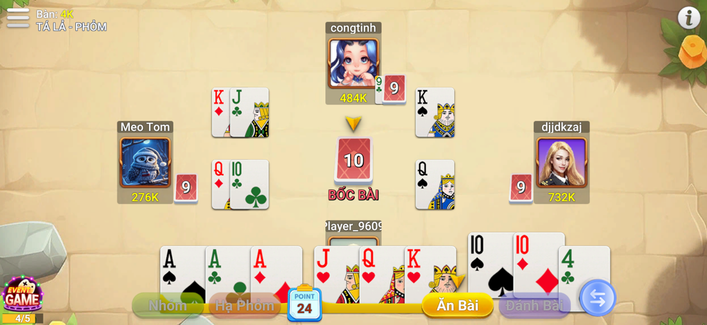 Eine Vierspieler-Spielrunde von Phom Ta La in der Sam Loc Offline Mobile App