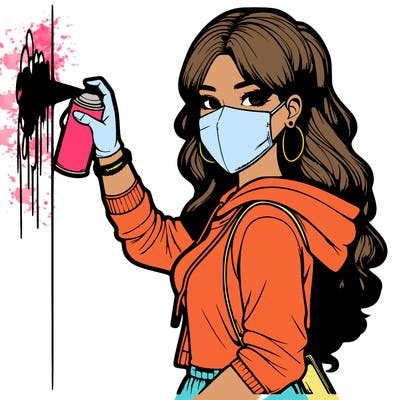 realistic girl with mask spray painting a wall