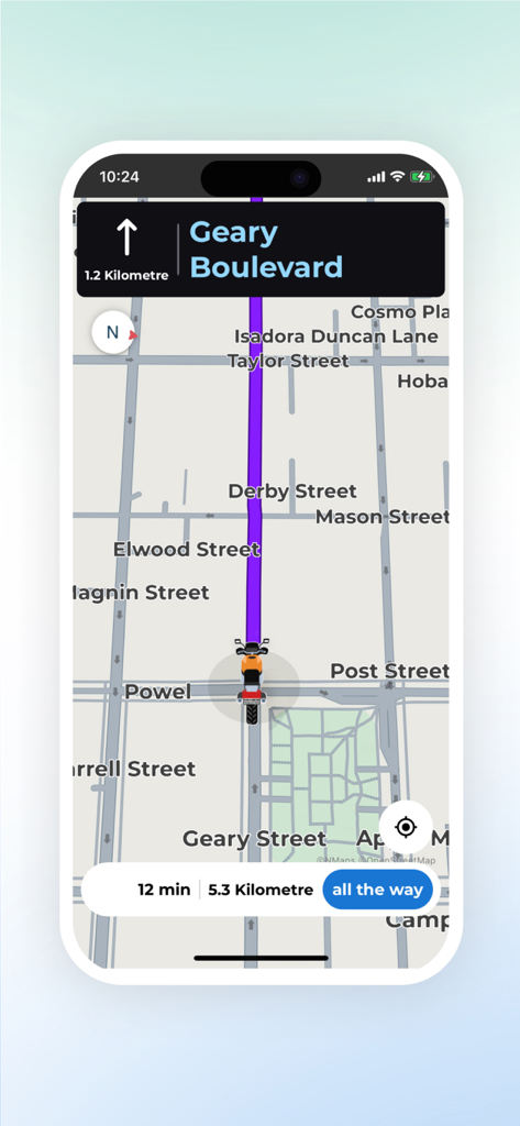 Neshan Map navigation interface showing motorcycle mode on Geary Boulevard