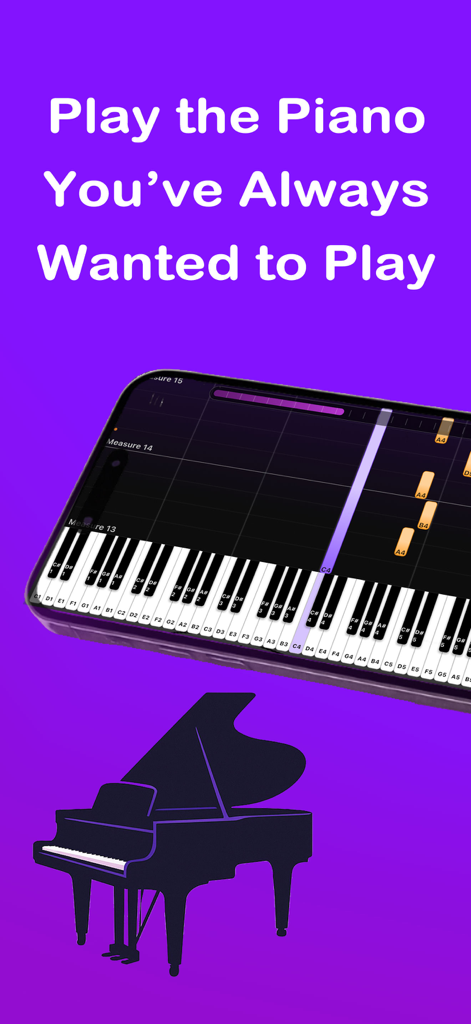Harmono Piano: Play Any Song - Harmono Piano app interface showing falling notes on a digital keyboard with a grand piano silhouette on a purple background