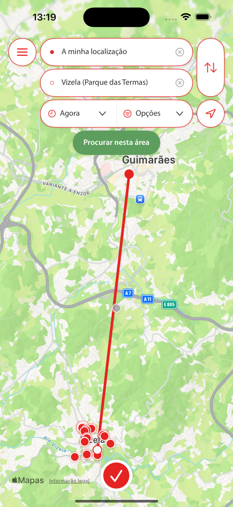 Map view of the Ave Mobilidade app showing a planned route between Guimaraes and Vizela