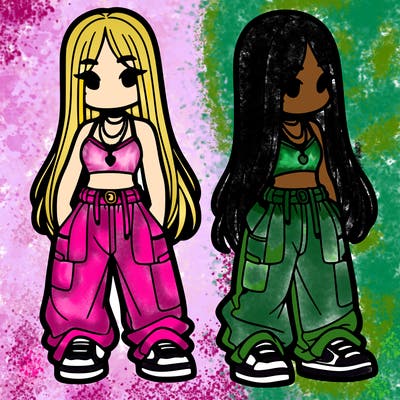 girl in baggy pants crop top and long hair