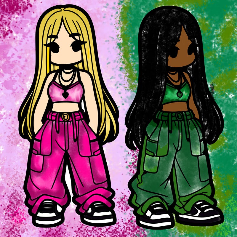 girl in baggy pants crop top and long hair