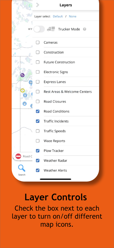 COtrip Planner - COtrip Planner app screenshot showing the map layer controls with options for trucker mode road conditions and plow tracker