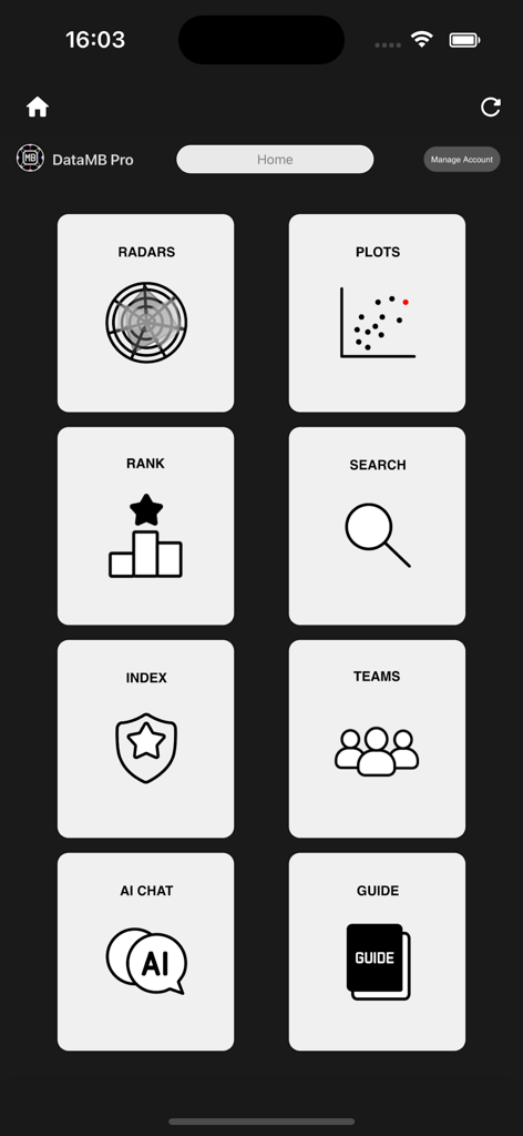 Pantalla de inicio de la aplicación DataMB Pro que muestra categorías de análisis de datos de fútbol que incluyen radares y gráficos.