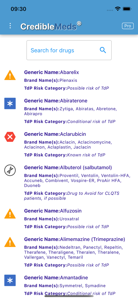 CredibleMeds mobile app screen displaying a list of drugs with their names and TdP risk categories