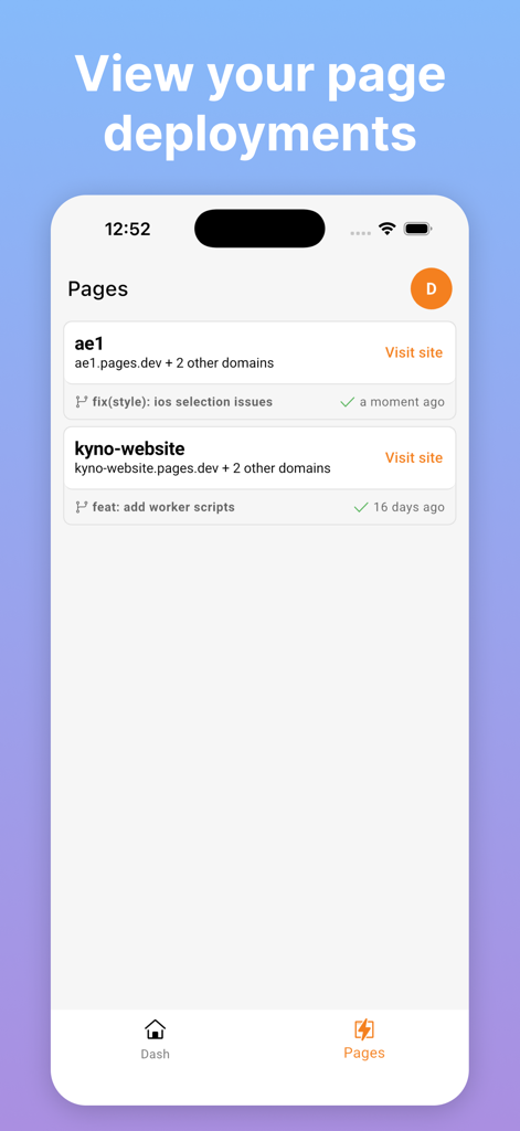 Interfaz de la aplicación Kyno para Cloudflare que muestra las implementaciones de páginas del sitio web con actualizaciones de estado y marcas de tiempo.