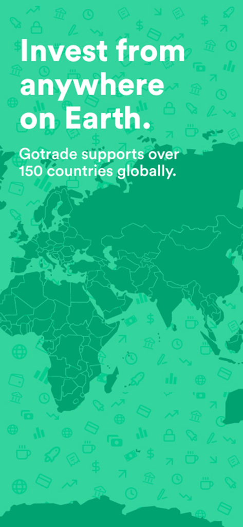 Gotrade - Invest in US stocks - 世界地図のグラフィック。「Gotradeは世界150カ国以上からの米国株投資をサポート」というテキストを表示。