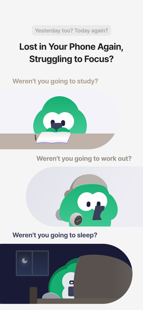 Turning: Screen Time & Routine - A series of illustrations showing a character distracted by a smartphone during study, exercise, and bedtime