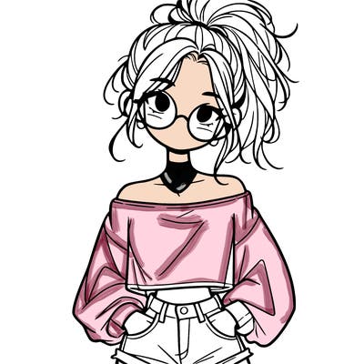 girl with a messy ponytail glasses a baggy crop top and jean shorts