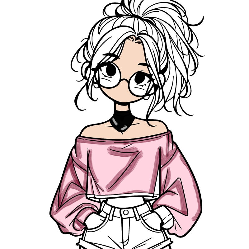 girl with a messy ponytail glasses a baggy crop top and jean shorts