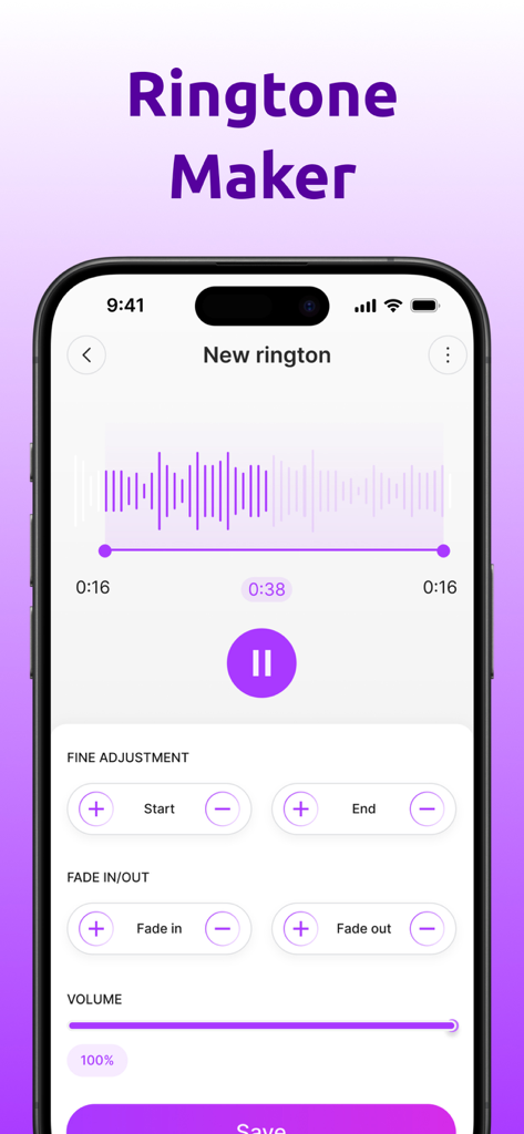 Ringtone Maker & Custom Tones - iPhone app interface for editing custom ringtones with audio waveform and fade effects