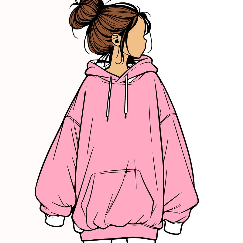 realistic girl with a oversized sweatshirt on and a bun