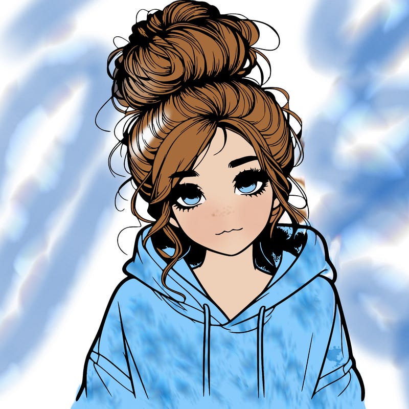 realistic girl with a massy bun and a hoodie