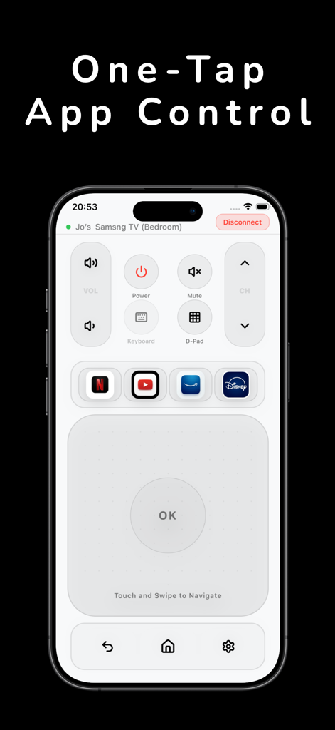 TV Remote Controller: Touchpad - Interface of a TV remote app for iPhone showing a touchpad and streaming app shortcuts