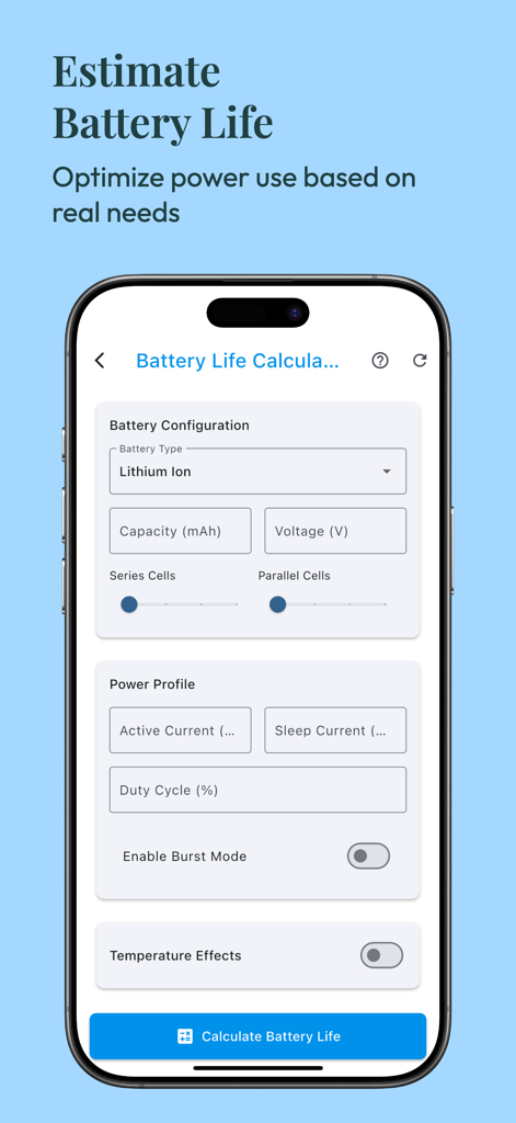 Ohmify - electronics tools - Ohmify app interface showing the battery life calculator with power profile settings