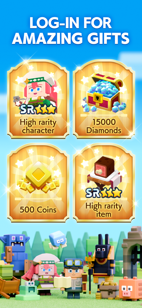 PANDOLAND: Discovery RPG - A promotional banner for PANDOLAND showing log-in rewards including a high rarity character, 15000 diamonds, 500 coins, and an SR item.