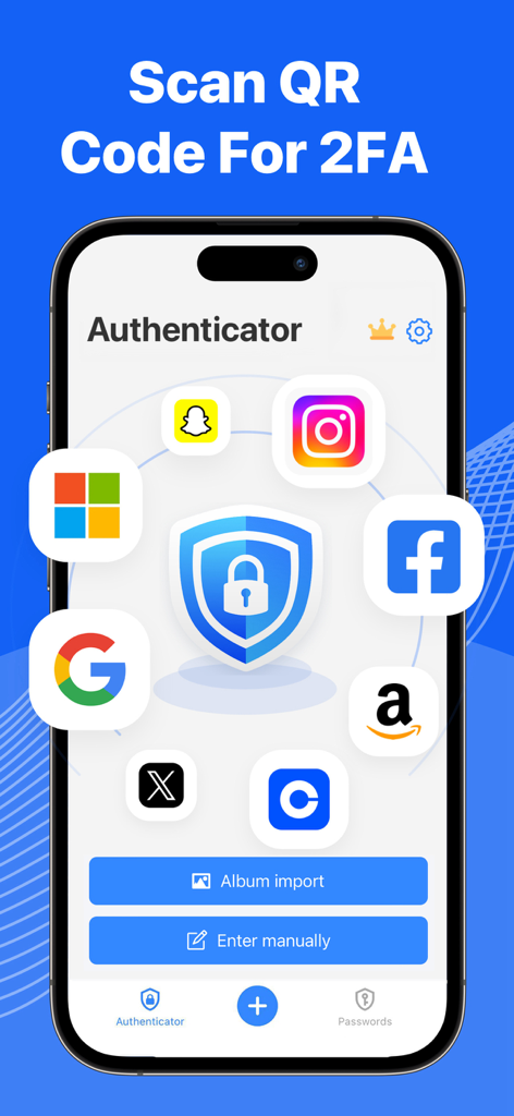 Authenticator App++ - Authenticator App-Oberfläche, die ein zentrales Sicherheitsschild zeigt, umgeben von Symbolen für Google, Facebook, Instagram und Amazon für die 2FA-Einrichtung