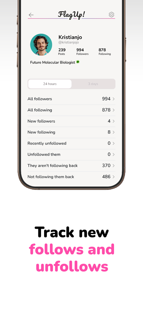 FlagUp: Follow & Likes Tracker - Painel do aplicativo FlagUp mostrando insights de seguidores do Instagram, incluindo novos seguidores e aqueles que não seguem de volta