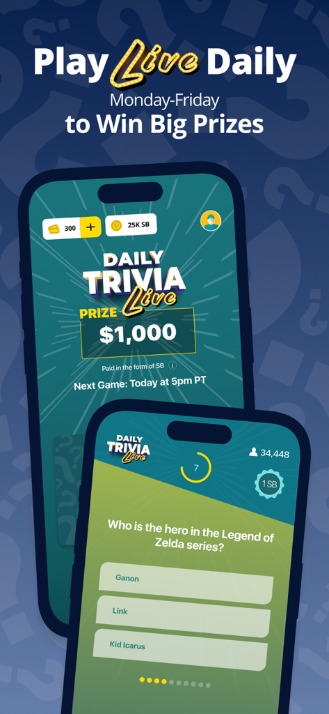 A mobile app interface for Swagbucks Trivia for Money showing live daily games with a 1000 dollar prize and a trivia question.