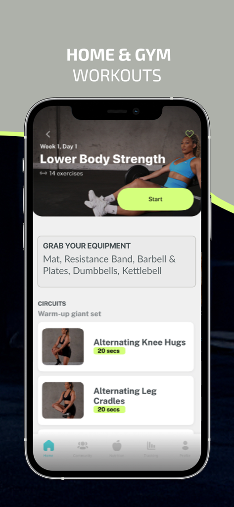 SPARC by Danyele Wilson - Interfaz de la aplicación SPARC mostrando un plan de entrenamiento de fuerza para la parte inferior del cuerpo con ejercicios específicos y lista de equipos.