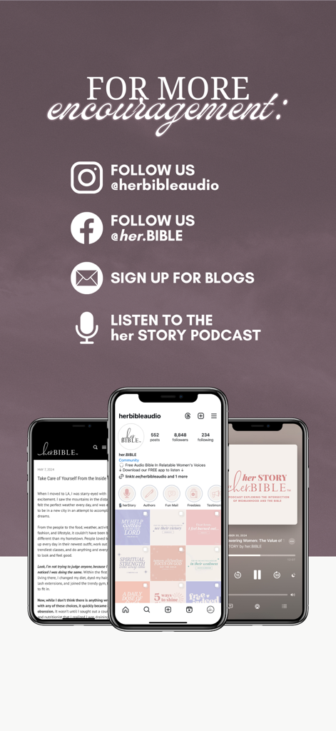 her.BIBLE Women's Audio Bible - Promotional screen for her.BIBLE app highlighting social media channels and the her STORY podcast