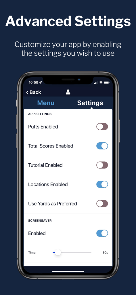 MiScore advanced settings screen showing app customization options for golfers