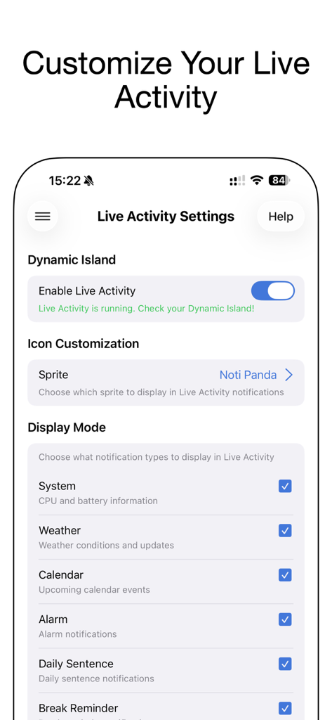 NotiSprite: Smart Desktop Pet - Ein Screenshot des Live-Aktivitäts-Einstellungsbildschirms in der NotiSprite-App, der Optionen zur Anpassung von Sprite-Symbolen und Benachrichtigungstypen anzeigt.