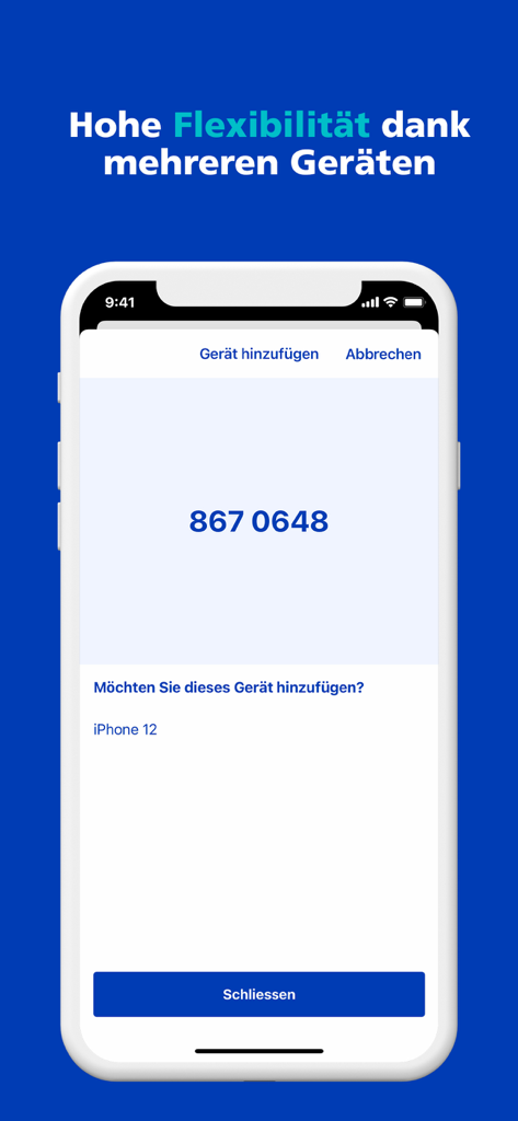 Interface de smartphone da aplicação ZKB Access para adicionar um novo dispositivo com um código de verificação