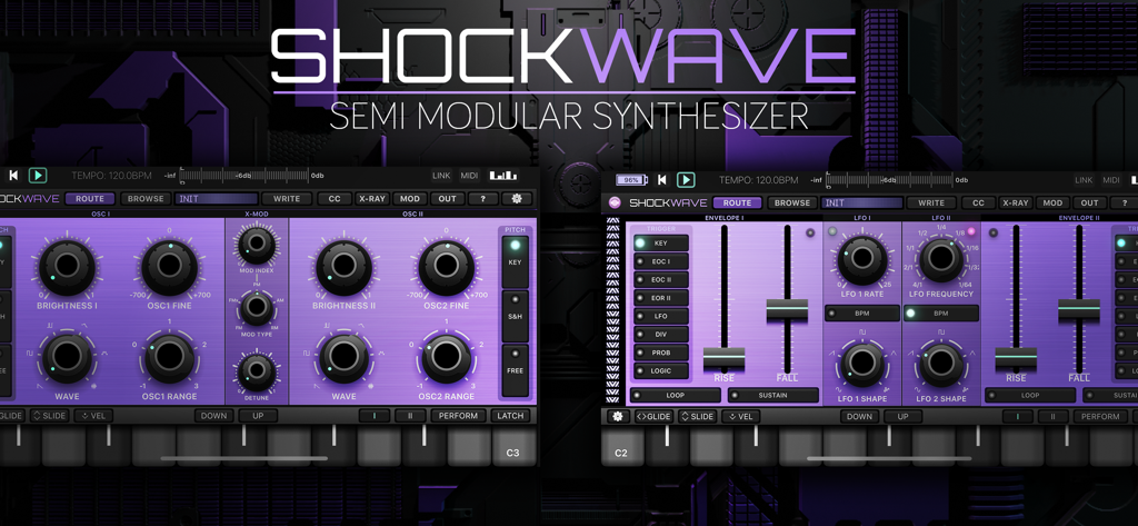 Interface of ShockWave semi modular synthesizer showing oscillator and modulation controls