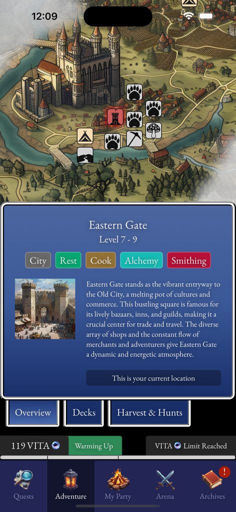 Prado Traveler - Fitness RPG - A map screen from Prado Traveler showing the Eastern Gate location with options for cooking and alchemy.