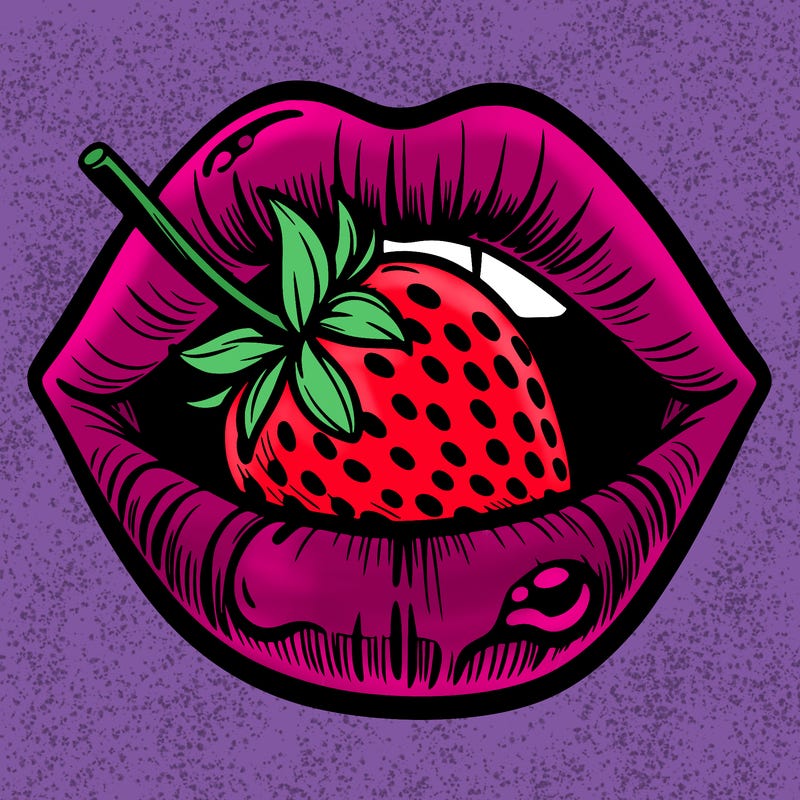 lips eating a glossy strawberry