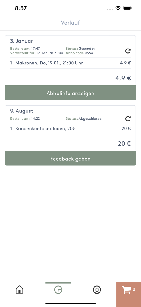 Flavour District - Ecrã do histórico de pedidos na aplicação de almoço Flavour District mostrando transações passadas e detalhes de recolha