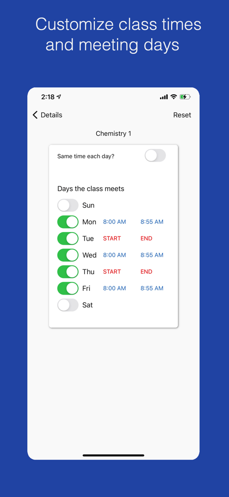 Class Planner (cloud) - Interface for setting meeting days and times for a chemistry class in the Class Planner app