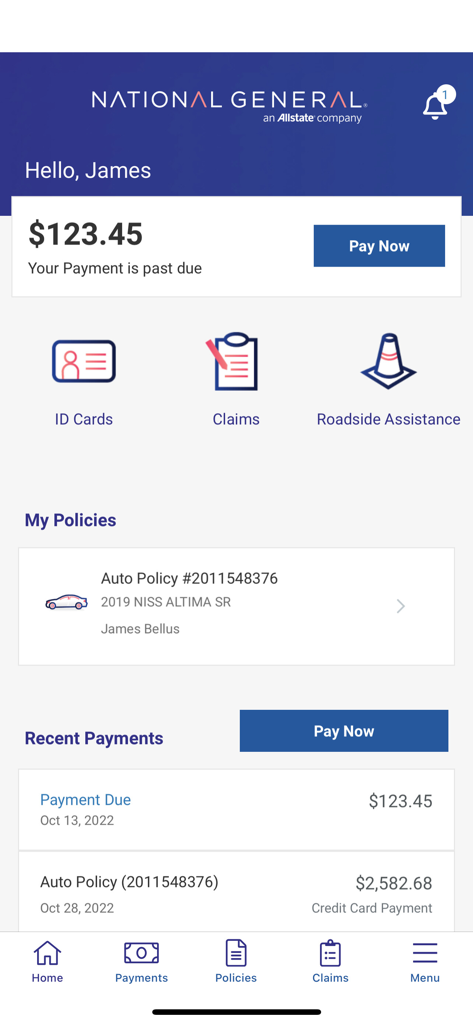 National General - Home screen of the National General app showing insurance policy details and payment options.