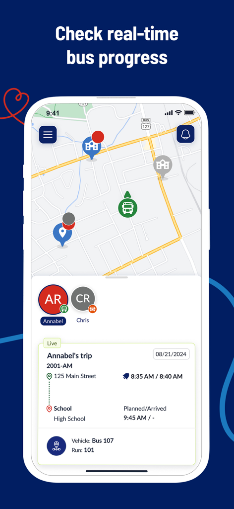 A mobile interface of the First View app displaying a real-time school bus location on a map with student trip progress details