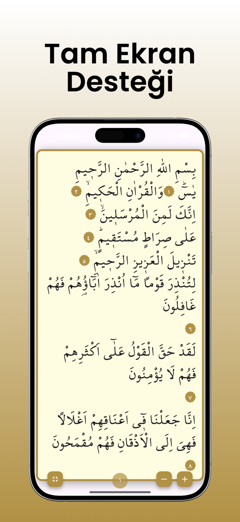 Interfaz de la aplicación Yasin Suresi que muestra texto árabe en modo de pantalla completa